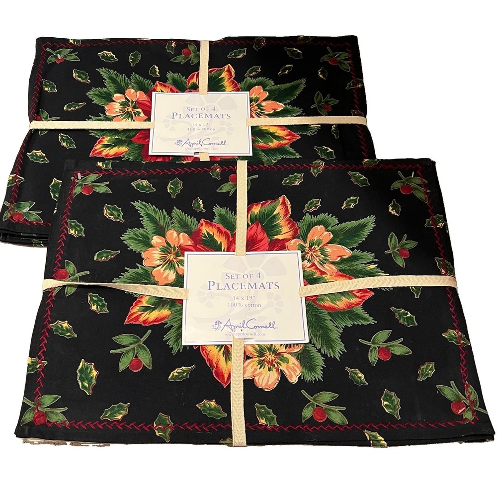 April Cornell Christmas Poinsettia & Winterberry Black Placemats 8 Holiday Party